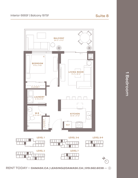 Floor plan for 1 bed, 1 bath, 666 sqft